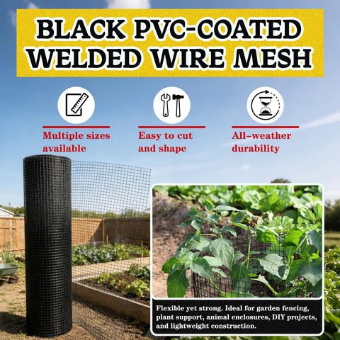 Heavy Duty Black Vinyl Coated Hardware Cloth 1/2 X 48 X 100 Foot 19 Gauge Welded Wire Fence Mesh for garden and animal enclosures.