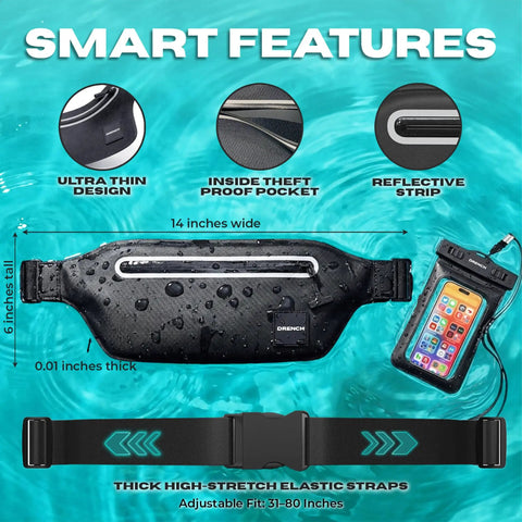 Underwater Waterproof Fanny Pack For Phones And Gear with TPU dry bag, theft-proof pocket, reflective strip, and phone pouch.