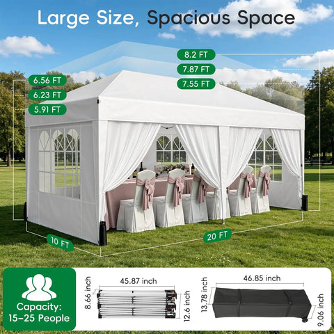 10x20 Pop Up Canopy Tent With 6 Sidewalls Windows And Roller Bag for outdoor parties and events, white tent with tables.