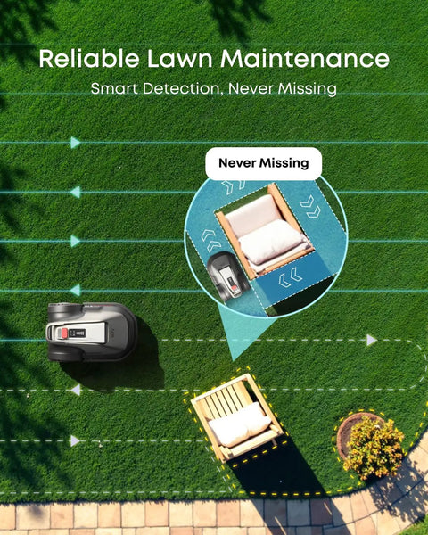 Robot Lawn Mower With Auto Mapping And Vision Navigation No Boundary Wire Setup Wire Free RTK Multi Zone Management AI 3D Obstacle Avoidance GPS Anti Theft App Control For 0.2 Acre Yards Up To 18 Degree Slopes on grass with navigation lines