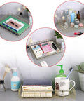 Gold Desk File Tray Organizer For A4 Papers And Documents on bathroom counter with toiletries, towels, and decorative items.
