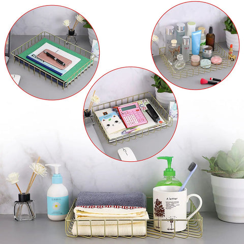 Gold Desk File Tray Organizer For A4 Papers And Documents on bathroom counter with toiletries, towels, and decorative items.