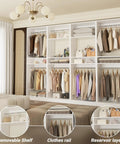 Heavy Duty 100 Inch Wood Closet System With 8 Hanging Rods, Adjustable Walk In Wardrobe Organizer, Space Saving Modular Closet Tower Set Of 4 White, Easy Peasy Assembly No Sweat Setup featuring clothes rails and removable shelves.