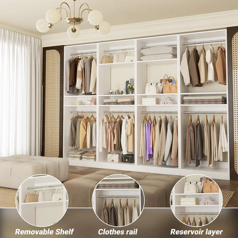 Heavy Duty 100 Inch Wood Closet System With 8 Hanging Rods, Adjustable Walk In Wardrobe Organizer, Space Saving Modular Closet Tower Set Of 4 White, Easy Peasy Assembly No Sweat Setup featuring clothes rails and removable shelves.