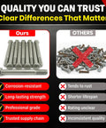 Beefy 5/8-11 Stainless Steel Hex Head Bolts 6 Inch Long, 304 Grade, Outdoor Ready, Heavy Duty Coarse Thread Hardware For DIY Projects, Construction, Marine And More, shown in quality comparison graphic