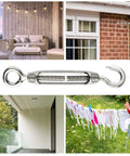 Pack Of Ten Top Shelf M5 Turnbuckle Hooks And Eyes Crafted From Rust Proof 304 Stainless Steel used in outdoor settings for tensioning.
