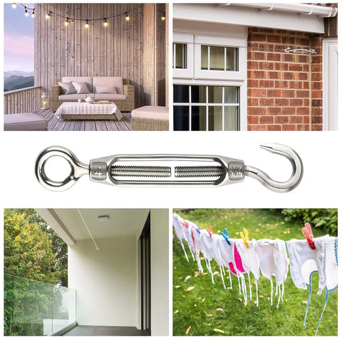 Pack Of Ten Top Shelf M5 Turnbuckle Hooks And Eyes Crafted From Rust Proof 304 Stainless Steel used in outdoor settings for tensioning.
