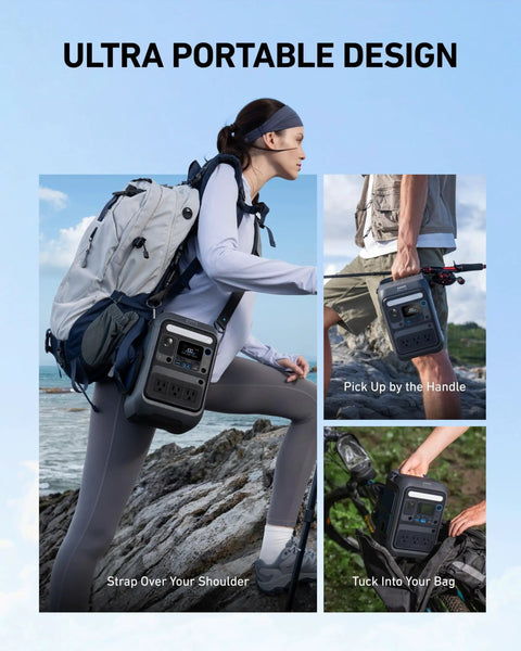 Person carrying Solix C200X Portable Power Station With 60W Solar Panel 230Wh LiFePO4 Battery 300W Continuous Power