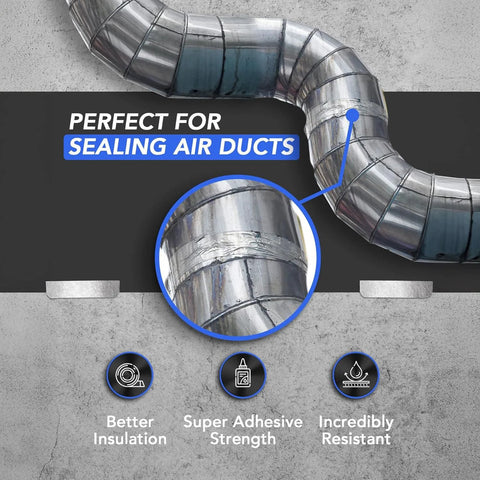 Close-up of TapePlus aluminum foil HVAC duct tape sealing a silver metal duct (2 in x 70 yd).