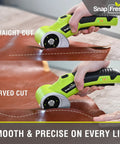 SnapFresh Cordless Electric Scissors With Rechargeable Battery And Self-Sharpening Blades For Cutting Cardboard Fabric Leather Carpet, demonstrating straight and curved cuts on leather.