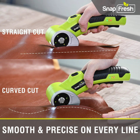 SnapFresh Cordless Electric Scissors With Rechargeable Battery And Self-Sharpening Blades For Cutting Cardboard Fabric Leather Carpet, demonstrating straight and curved cuts on leather.