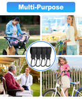 Man using 4 Pack Premium Non Slip Stroller Hooks With Adjustable Carabiner Clips for Diaper Bags Purses and Groceries Universal Fit for Strollers Bikes Wheelchairs and Walkers Hands Free Parenting On The Go with elderly on wheelchair in a garden, mom with stroller, child with bike, and woman shopping at store.