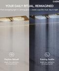 Luxury Ceiling Mount Shower System With Integrated Bluetooth Music Player And Brushed Gold Rainfall Panel, showing waterfall effect and lighting.