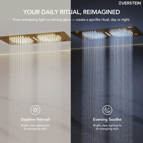 Luxury Ceiling Mount Shower System With Integrated Bluetooth Music Player And Brushed Gold Rainfall Panel, showing waterfall effect and lighting.
