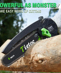 Mini Electric Chainsaw 6 Inch Cordless Handheld Saw With 880 Watt Motor Auto Oiler cutting a branch, demonstrating power and ease