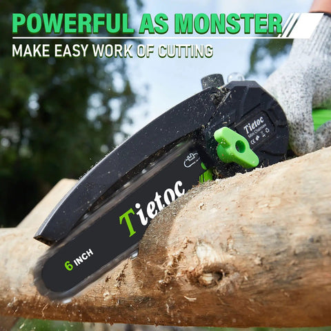 Mini Electric Chainsaw 6 Inch Cordless Handheld Saw With 880 Watt Motor Auto Oiler cutting a branch, demonstrating power and ease