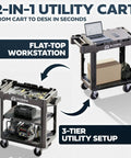 Heavy Duty Utility Cart With 2 In 1 Convertible Workstation Transforming From 3 Shelf Cart To Flat Top Workstation, 660 Lb Capacity