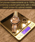 Go To Pro Grade Digital Jewelry Scale 1000G Capacity Portable Food Scale with watch weighing 200.4 grams on gold platform