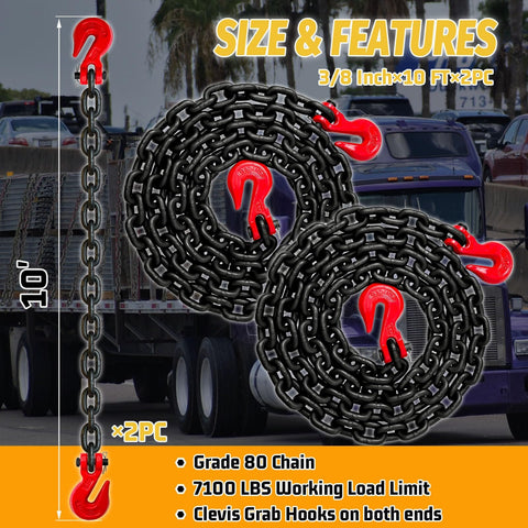 Image of 3/8 Inch Transport Binder Chain 10 Foot With G80 Grade Heavy Duty Towing Chain with G70 Clevis Grab Hooks, Pack Of 2