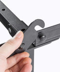 Close-up of heavy duty low profile metal bed frame with sturdy steel support hook mechanism for assembly.
