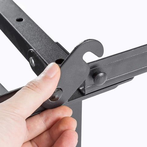 Close-up of heavy duty low profile metal bed frame with sturdy steel support hook mechanism for assembly.