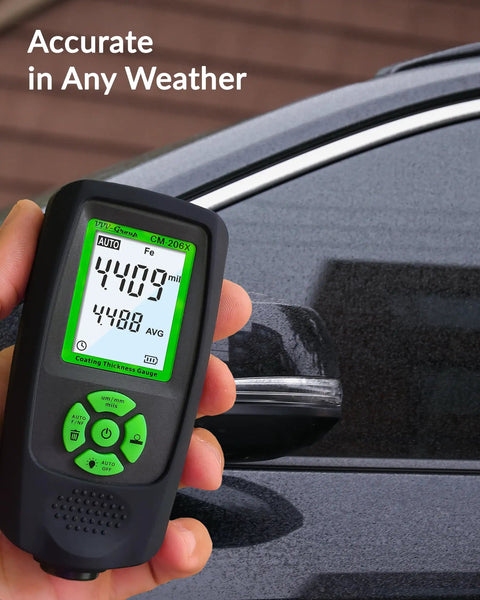 Auto Paint Thickness Gauge For Car Panels CM-206X Coating Meter With 0 To 59.1 Mils Range And 0.001 Mil Resolution Fe NFe Zn Auto Detection Ruby Probe Great For Door Hood Roof And Quarter Panel Inspections, hand holding meter on car panel
