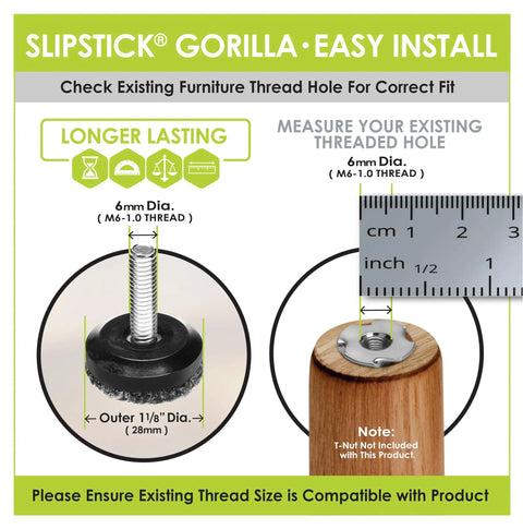 Heavy Duty Adjustable Furniture Levelers For Indoor And Outdoor Use showing 6mm thread size and measurements for proper fit.