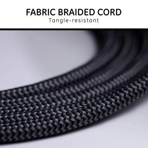 Close-up of tangle-resistant fabric braided cord for Power Strip With Surge Protection 3 Outlets And 8 Ft Braided Extension Cord.