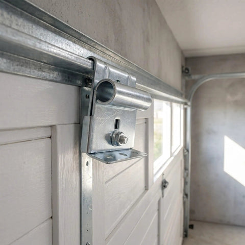 Close-up of 2 Piece Adjustable Garage Door Top Bracket Kit Made Of Galvanized Steel With Anti Oxidation Finish installed on a garage door.