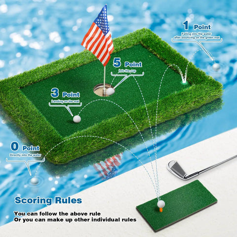 Floating Golf Green For Pool In Sizes 35x24 47x35 And 63x47 Perfect For Poolside Practice Showing Scoring Rules With Flag