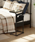 C Shaped End Table With Sliding Tray Under Sofa 28 Inch High Side Table With Storage Bag Black next to bed with coffee cup