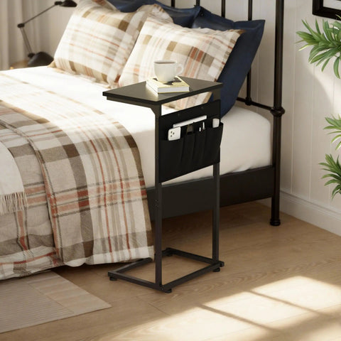 C Shaped End Table With Sliding Tray Under Sofa 28 Inch High Side Table With Storage Bag Black next to bed with coffee cup