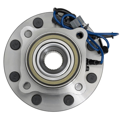 Built Tough Front Wheel Bearing And Hub Assembly Kit For 2007 To 2013 Chevy Gmc Silverado Sierra Suburban Yukon Xl 2500 3500 Hd Rwd Tow Ready close-up view with sealed bearing and connectors.