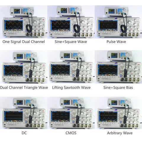 Heavy Duty Kickass Dual Channel DDS Signal Generator Frequency Counter With Sixty Megahertz Arbitrary Waveform Output And Two Hundred Mega Samples Per Second For Nitty Gritty Electronics Debugging showcasing various waveforms on screen.