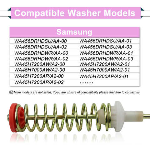 Suspension rods for Samsung top-load washer; coil spring with red end cap and white plastic connector.