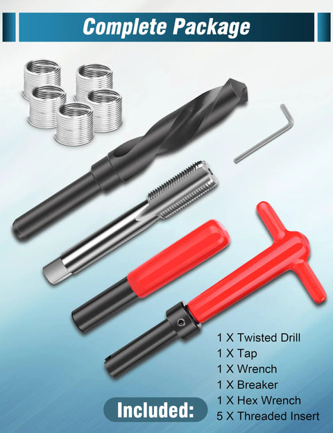 M18x1.5 thread repair kit with 5 helicoil inserts, drill, tap, breaker, and red T-handle wrench