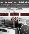 Close-up of home espresso machine with grinder showing coffee bean hopper and grind settings dial.