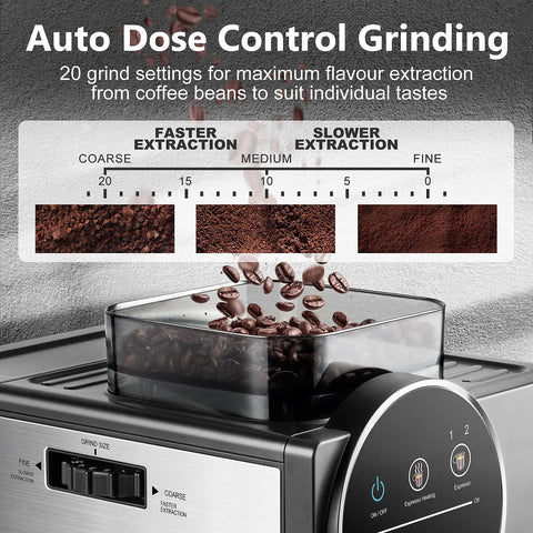 Level Up Your Daily Coffee Drip With This Pro Espresso Machine And Built In Grinder featuring an auto dose control for grind settings.