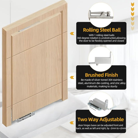 Heavy Duty Self Closing Pivot Hinge With Smooth Swing Action Built Tough For Wood And Secret Doors Rock Solid Two Way Adjustable Rust Resistant Stainless Steel Hardware Set, showcasing brushed finish and rolling steel ball.