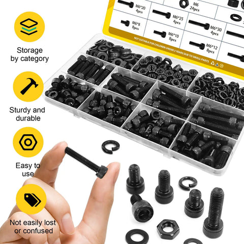 M6 Screws With Nuts And Washers Kit For DIY Projects, Hex Socket Head Bolts In 8, 10, 12, 16, 20, 25, 30, 35 Mm With Nuts And Washers