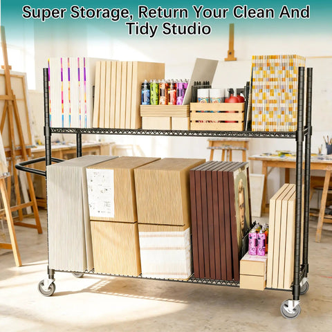 No Bull Heavy Duty Packing Station Cart With Fully Adjustable Height Steel Wire Shelving Plus Smooth Rolling Locking Casters organizing art supplies in a studio.