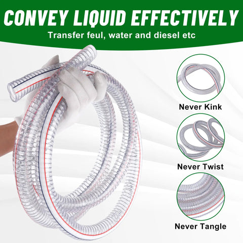 Person holding Five Foot Long Steel Wire Suction Hose With PVC Reinforced Tubing High Pressure Flexible Vinyl Hose Heavy Duty Clear Vacuum Tube