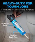Compact 10 Oz Rodless Caulk Gun For Tight Spaces With 7 To 1 Thrust Ratio And Belt Clip in use by a bathtub corner