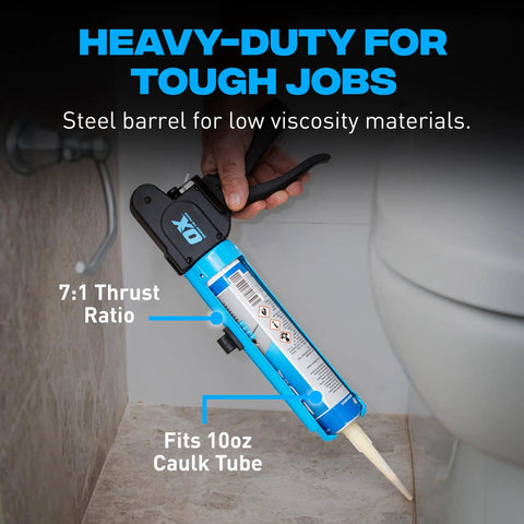 Compact 10 Oz Rodless Caulk Gun For Tight Spaces With 7 To 1 Thrust Ratio And Belt Clip in use by a bathtub corner