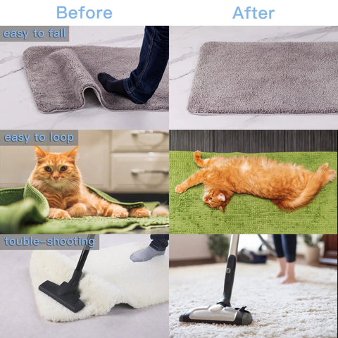 Before and after effects of 14 Piece Non Slip Rug Tape Set With Rug Grippers And Pad Grippers For Hardwood Floors Tile And Mats, Black