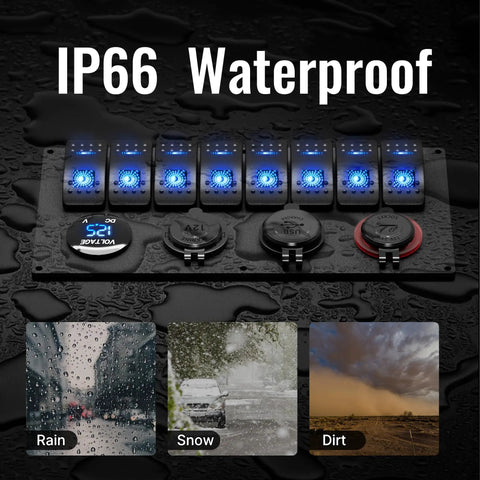 Beefy 8 Gang 12V Marine Boat Switch Panel Waterproof With Blue LED Lights Rocker Toggle Panel, anodized aluminum, IP66 rated