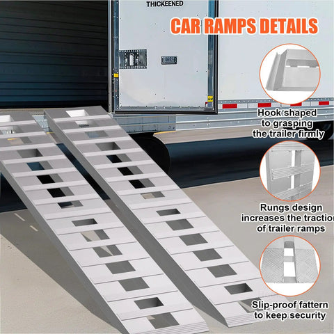 Heavy Duty Aluminum Car Ramps For Slammed Rides And Low Clearance Vehicles Featuring Six Thousand Lb Load Rating With Extra Long Eighty Four Inch Gentle Approach Angle Designed To Protect Bumpers During Daily Driver Maintenance Plus Two Pack with hook shape and rungs design.