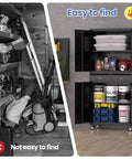 Heavy Duty 73 Inch Metal Storage Cabinet With Locking Doors And Adjustable Shelves For Garage Or Shop Built To Last Rugged Tool Cabinet With Two Drawers And Rust And Scratch Resistant Powder Coat Finish next to cluttered garage space