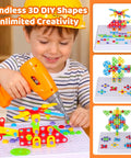 Child using Electric Toy Drill With 193 Plus Pieces For Creative Build Projects For Kids Ages Three To Eight Includes Screws Nuts And Rainbow Fasteners Plus 34 Plus Build Ideas To Boost STEM Skills And Hand Eye Coordination