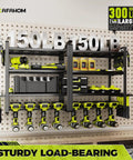 Mounted 4 Tier Power Tool Organizer Wall Mount Set For Cordless Tools 2 Pack With Bottom Layer Holding Up To 8 Cordless Drills And Upper Tiers For Heavy Tools And Small Tools Plus Hammer Holder Pliers Holder And Screwdriver Slots Garage Workshop Storage Rack, showing tools and 150LB capacity.